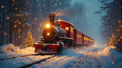 Red Steam Train in Snowy Forest