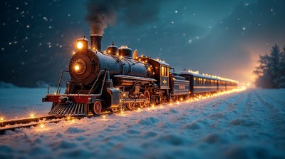 Steam Train in Snowy Night