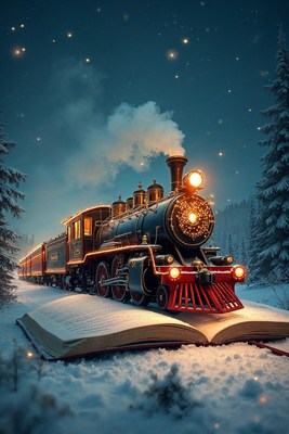 Steam Train Emerging from Open Book