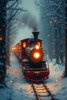 Red Steam Train in Snowy Forest