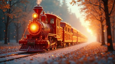Red Steam Train in Autumn Forest