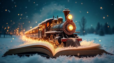 Steam Train Emerging from Open Book in Snow