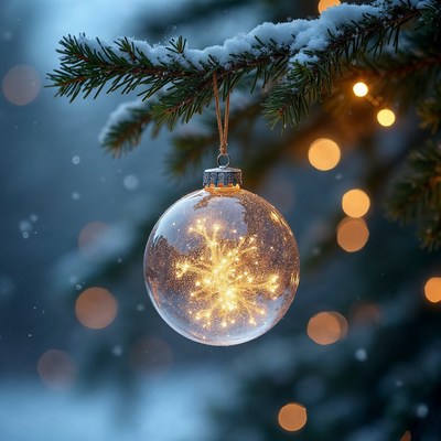 Snowy Christmas Ornament on Pine Branch