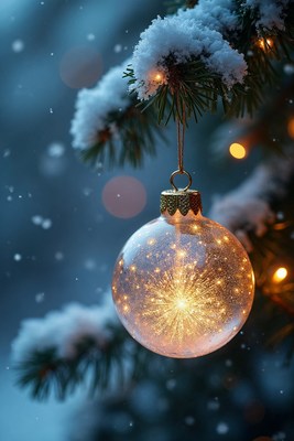 Snowy Christmas Ornament on Pine Branch