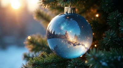 Blue Christmas bauble on tree