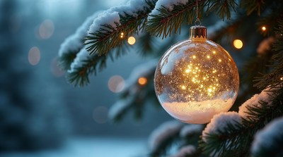 Glowing Christmas ornament on snowy fir branch