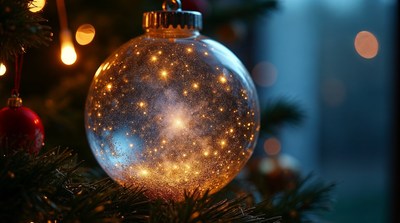 Shiny Gold Christmas Bauble on Tree