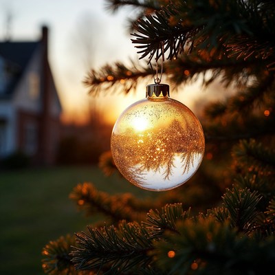 Golden Christmas ornament on tree at sunset
