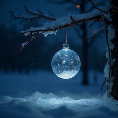 Snowy Christmas Ornament on Tree Branch