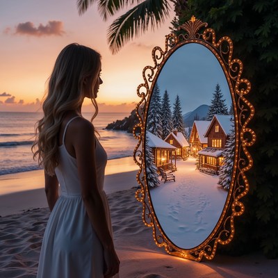 Woman viewing snowy village in beach mirror