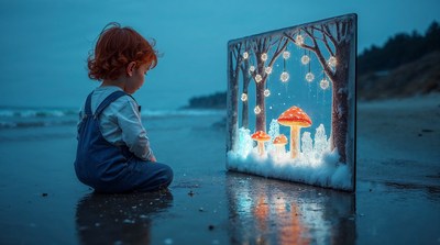 Red-haired boy viewing magical mushroom frame