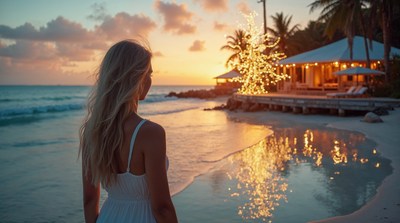 Woman viewing Christmas bungalow at sunset beach