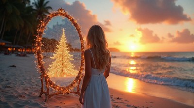 Woman viewing Christmas tree in beach mirror