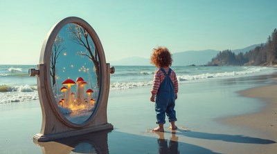 Boy viewing mushrooms in magical mirror beach
