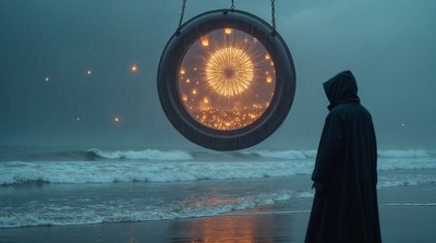 Hooded Figure Before Glowing Portal Beach