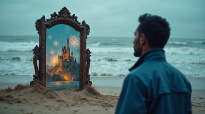 Man viewing magical castle in beach mirror