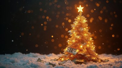 Golden Money Christmas Tree on Snow