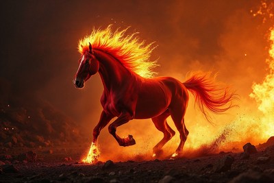 Fiery red horse galloping through flames