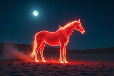 Glowing Red Horse Under Moonlit Desert