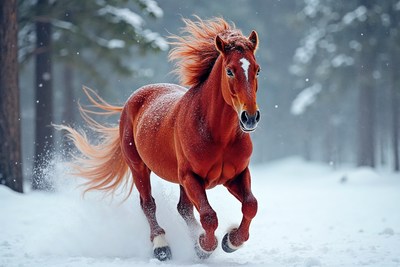 Red horse galloping in snowy forest