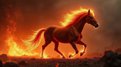 Fiery red horse galloping through flames