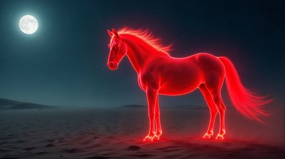 Glowing Red Horse Under Moonlit Desert