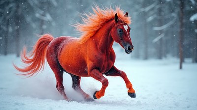 Red horse galloping in snowy forest