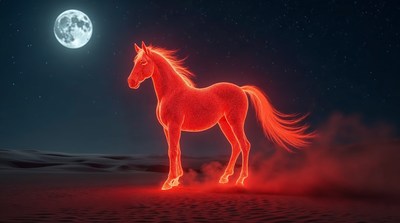 Glowing Red Horse Under Moonlit Desert