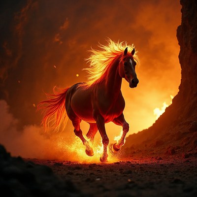 Fiery Horse Galloping in Lava Cave