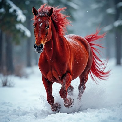 Red Horse Galloping in Snowy Forest