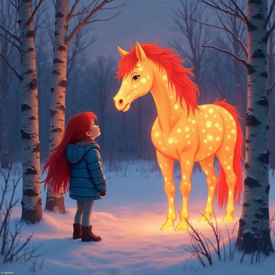 Girl meeting glowing red horse in snowy forest