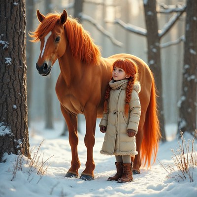 Girl with red horse in snowy forest