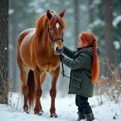 Red-haired girl petting chestnut horse in snowy forest