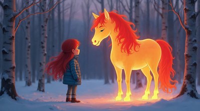 Girl meeting glowing unicorn in snowy forest