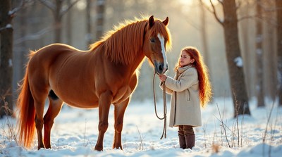 Girl holding reins of chestnut horse in snowy forest