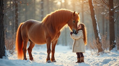 Girl hugging chestnut horse in snowy forest