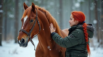 Woman hugging horse in snowy forest