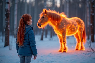Girl facing glowing fiery horse in snowy forest
