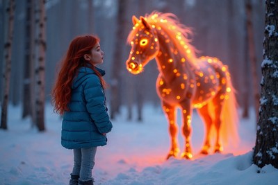 Girl gazing at fiery horse in snowy forest