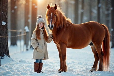 Girl hugging horse in snowy forest