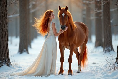 Redhead woman with horse in snowy forest