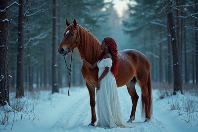 African-American woman with chestnut horse in snowy forest