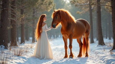 Woman feeding chestnut horse in snowy forest