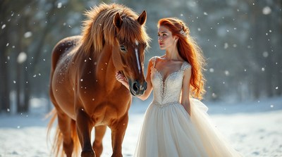 Redhead woman with horse in snow