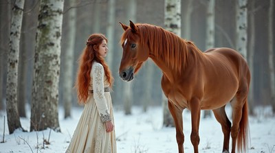 Woman standing with horse in snowy forest