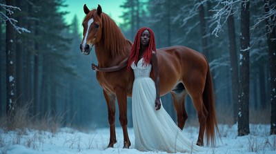 African-American woman with horse in snowy forest