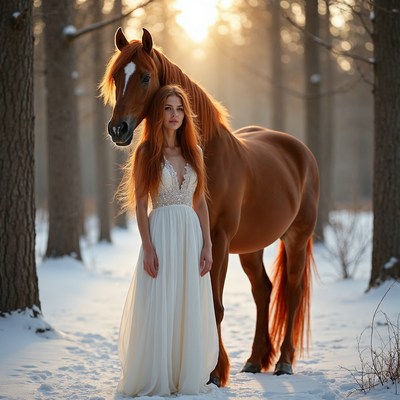 Redhead woman with horse in snowy forest