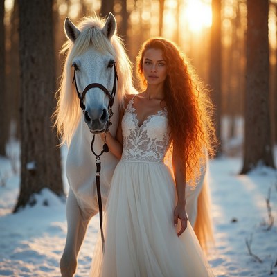 Redhead woman with white horse in snowy forest
