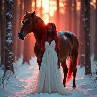 African-American woman with horse in snowy forest
