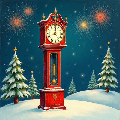Red Grandfather Clock with Fireworks